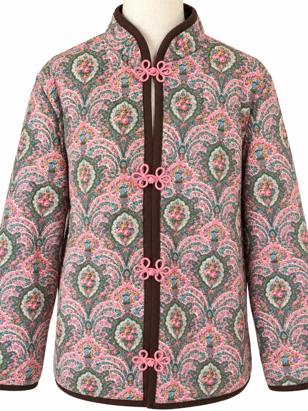 Vintage Chinese Style Pink Floral Quilted Jacket - Mandarin Collar Frog Closure